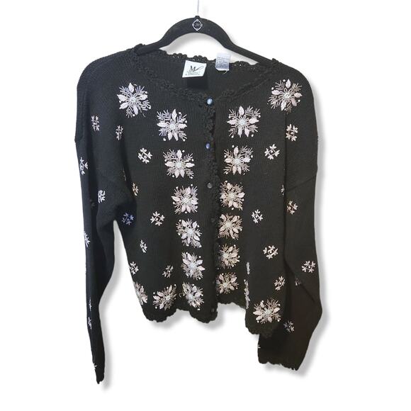 Black sequin pearl beaded y2k snowflake cotton ramie cardigan oversized M preppy - Picture 1 of 8